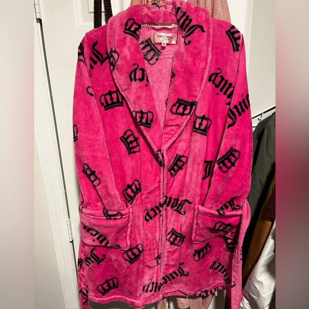Juicy Couture Vibrant Pink Plush Robe with Black Accents